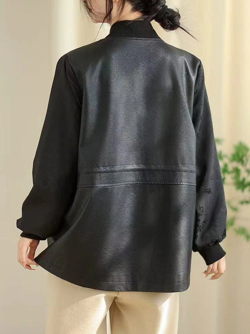 Amax LuluE Chinese 2025 Autumn Ladies Fashion Patchwork Faux Leather Jackets Womens Loose V Neck PU Coat Luxury Vintage Outwear