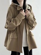 Women's Jacket Khaki Hooded Trench Coat Women's Autumn And Winter New Short Coat Retro Casual Loose Top Outerwear