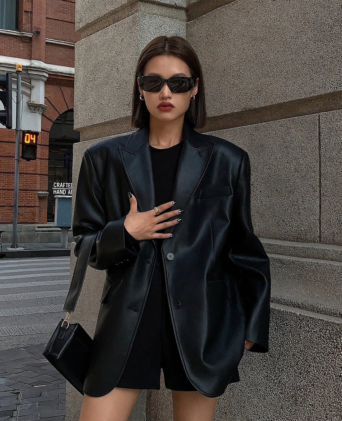 Vintage Black High Quality Leather Loose Blazer Biker Coat Women Casual Long Sleeve Flap Pocket Suit Jacket Oversized Streetwear