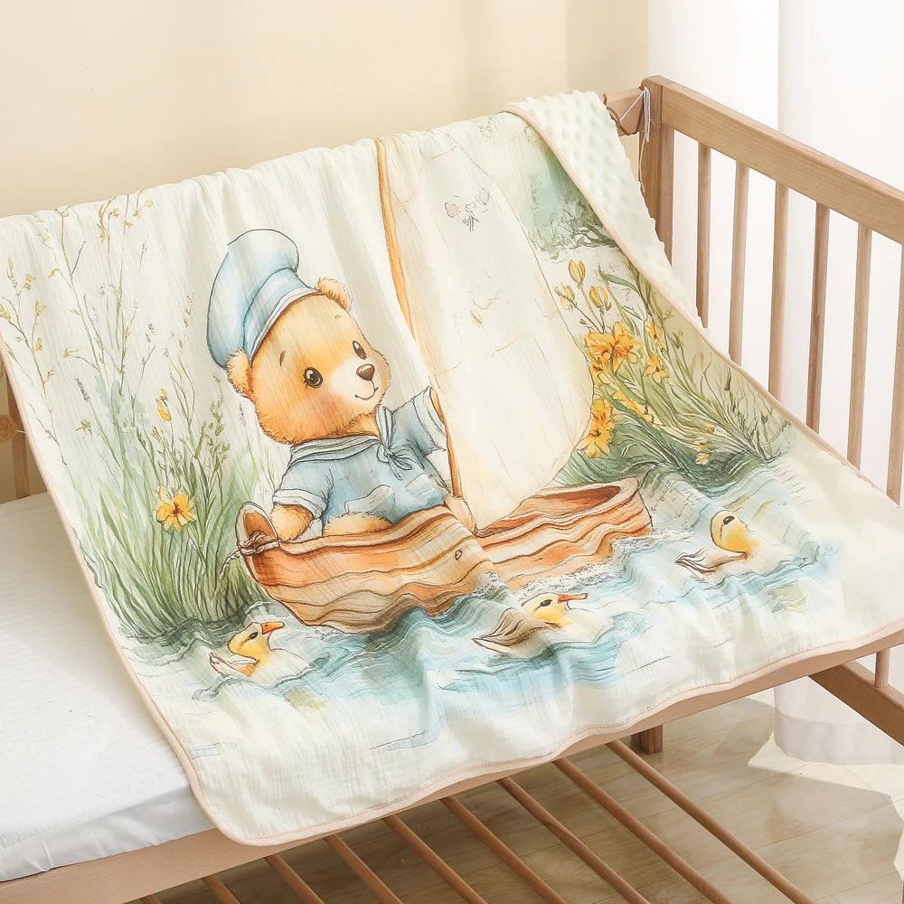 Baby A-level crepe fabric, holding the child, wrapped in a bean velvet blanket, kindergarten baby cartoon, thick and warm fabric
