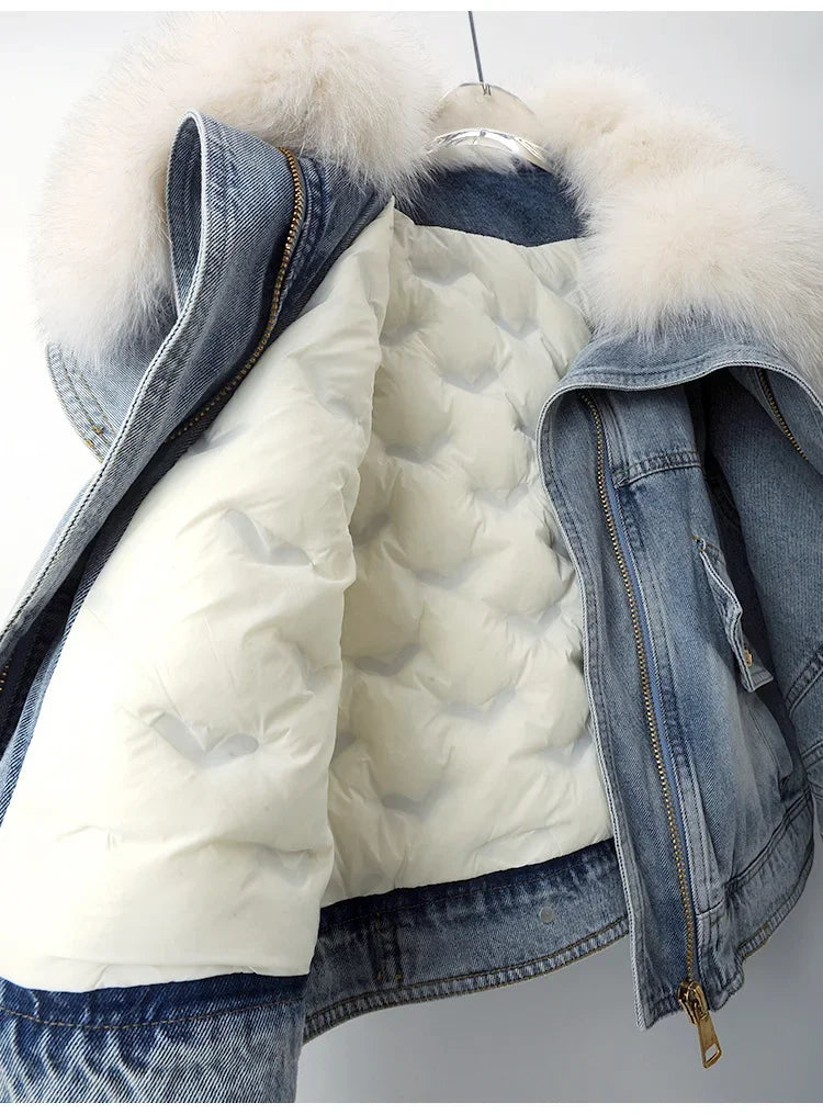 Big Fox Fur Collar Down Cotton Denim Jacket Women Vintage Cowboy Outerwear Winter Thick Loose Short Zipper Jeans Jacket Female
