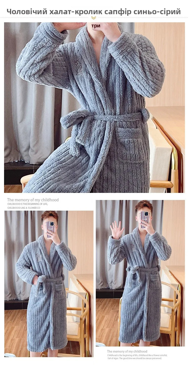 Men's Robes Long Sve Coral Fce Robe Thi Warm Batobe Luxury Home Clothes Morning Gown Mid-Length Fiber Winter Wear Bathrobe Men