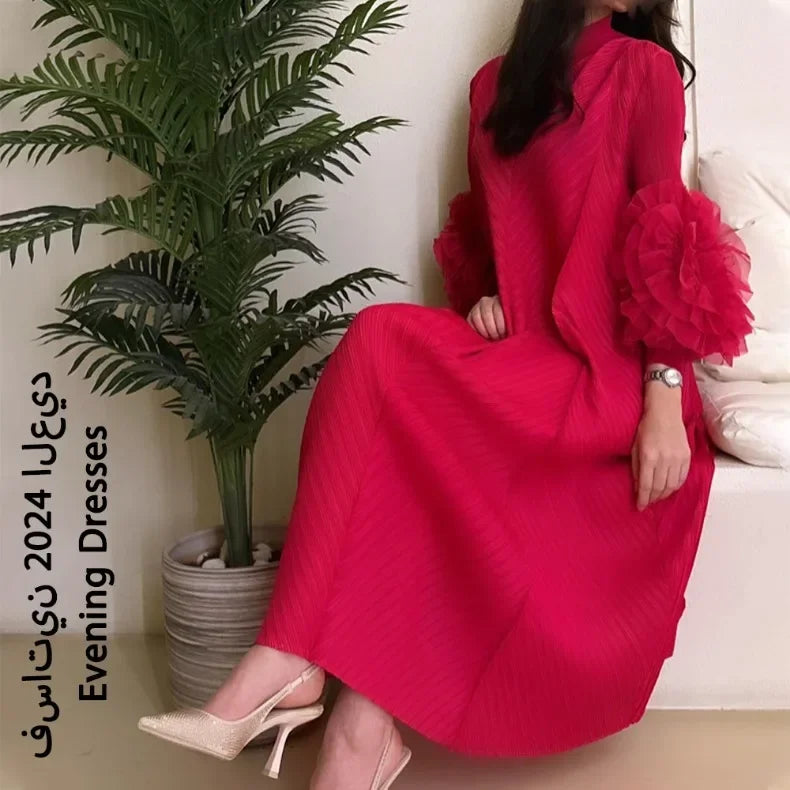 YUDX Hot Sales 2024 Summer New Pleated Formal Dresses for Women Mesh Petal Sleeve Solid Evening Party Long Maxi Dresses