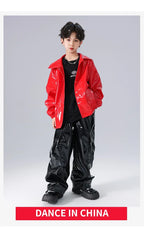Boys K-pop Fashion Leather Jacket Street Dance Cargo Pants Girl Hip Hop Streetwear Kids Children Jazz Shiny Costume Clothes Sets
