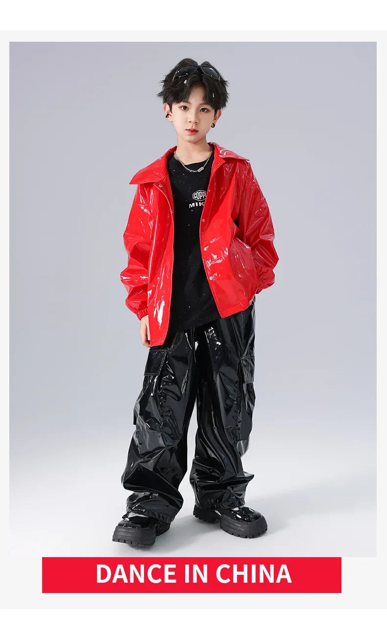 Boys K-pop Fashion Leather Jacket Street Dance Cargo Pants Girl Hip Hop Streetwear Kids Children Jazz Shiny Costume Clothes Sets