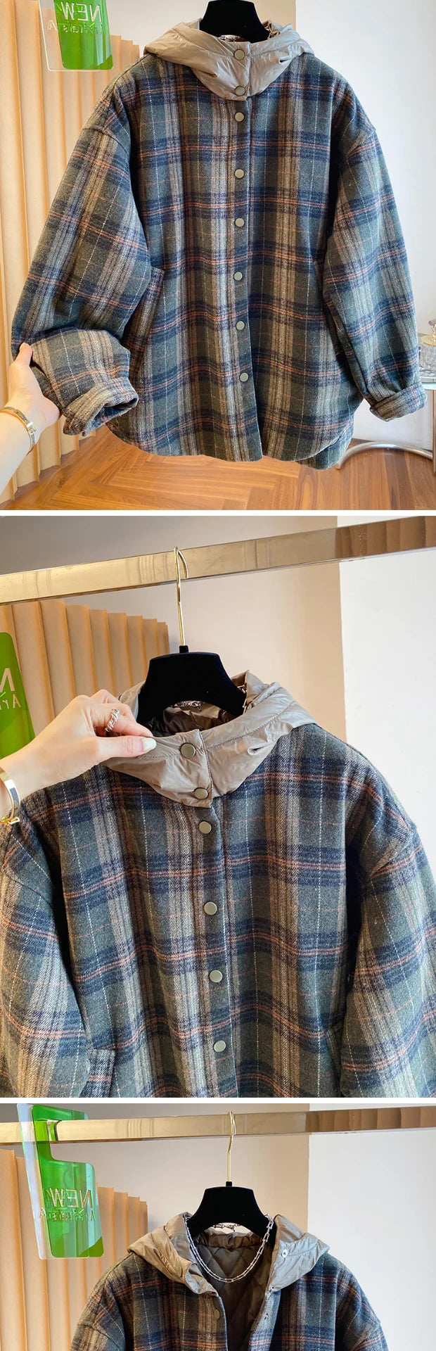 Winter Thiened Plaid Cotton Coat Women's Loose Korean Sle Hooded Jaet Long Sve Commute Faion Regular Length Single...