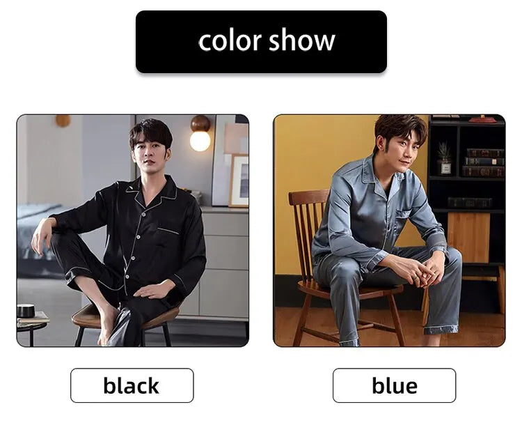 Men Ice Silk Pajamas Sleepwear Pajama Sets Nightclothes Black Blue L XXL 3XL 4XL Long Sleeves Long Pants Smooth Solid Color