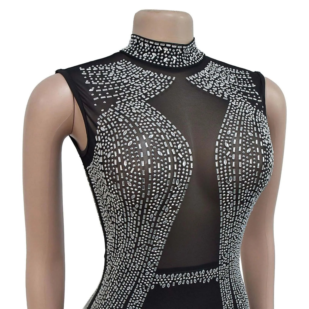 Women's Glittery Rhinestones Gymnastics Jumpsuit Sheer Mesh Patchwork Mock Neck Long Sleeve Dance Rompers One-piece Bodysuit