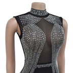 Women's Glittery Rhinestones Gymnastics Jumpsuit Sheer Mesh Patchwork Mock Neck Long Sleeve Dance Rompers One-piece Bodysuit