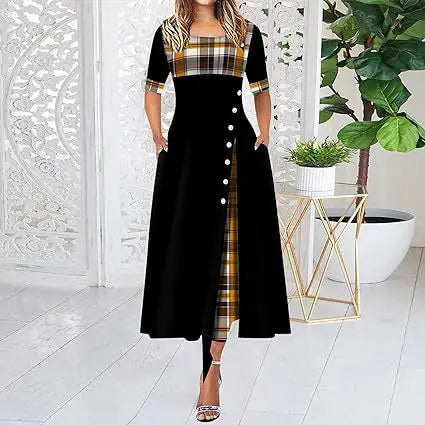 Women's Irregular Lattice Patchwork Long Dresses Vintage Buttons O Neck Half Sleeves Casual Lady Commuting Dress Fashion