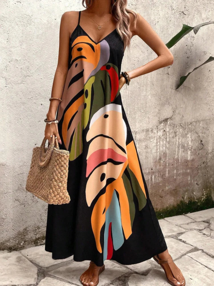 Women's elegant casual thin shoulder suspender A pendulum loose version long skirt summer fashion floral print dress