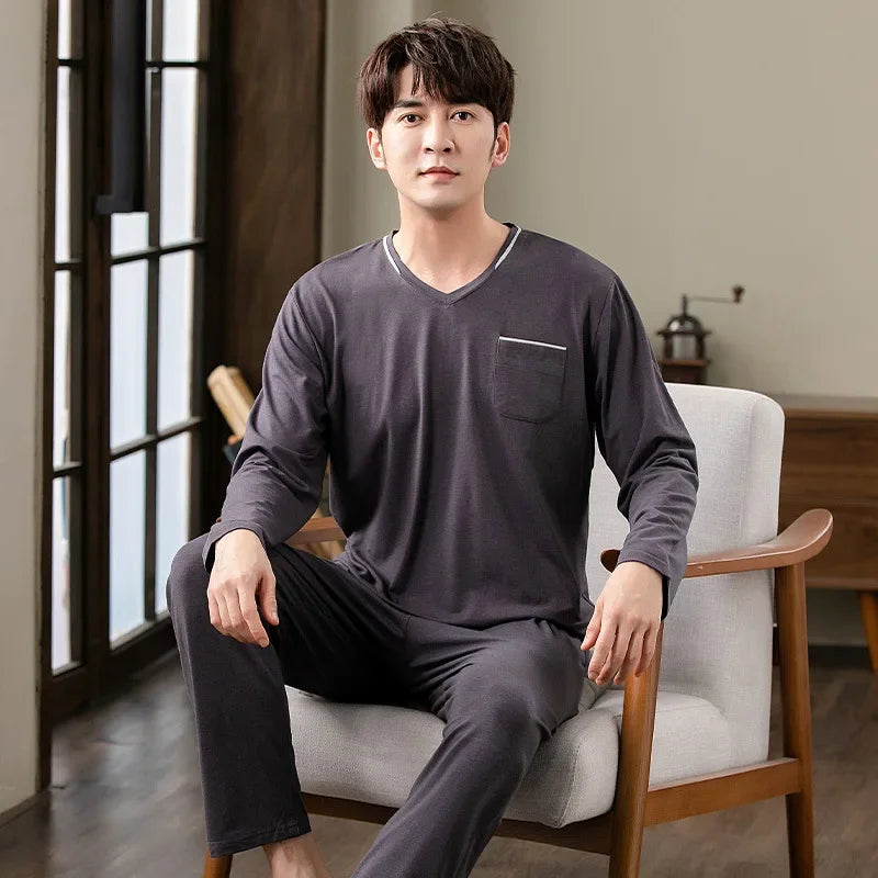 Fashion Lounge Pajamas Sets Men's Spring New Long-sleeved Tops with Trousers Cotton Homewear Comfort Simple Sleepwear Two Pieces