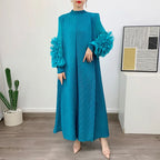YUDX Hot Sales 2024 Summer New Pleated Formal Dresses for Women Mesh Petal Sleeve Solid Evening Party Long Maxi Dresses