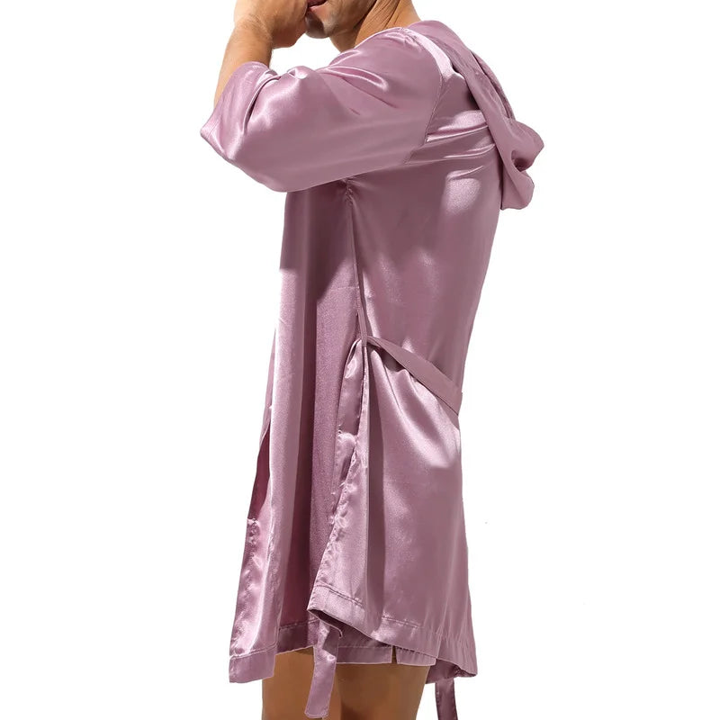 Mens Hooded Bath Robe Short Sleeve House Robe Satin Silk Lounge Bathrobes with Belt Men's Pajamas Homme Kimono Robes Sleepwear