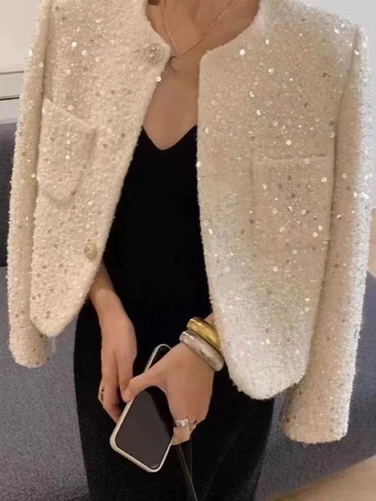Chic Sequins Sweet Tweed Jacket Women Fall Elegant Long Sleeve Slim Coat Korean Fashion O Neck Design Female All Match New Tops