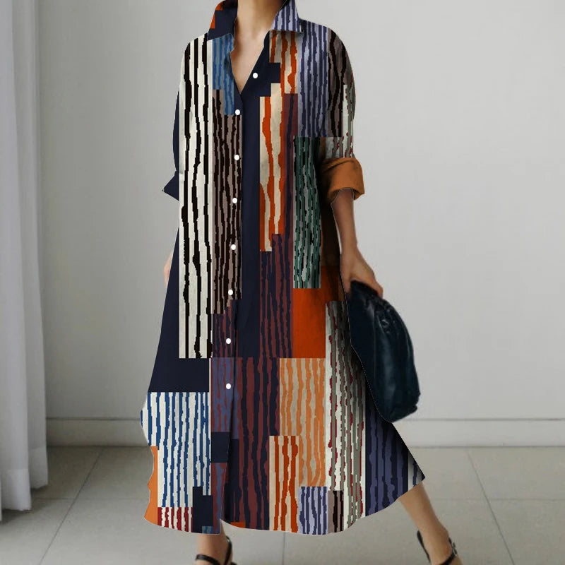 Womens Fashion Retro Splicing Printed Long-sleeved Dresses Fall And Winter Single-breasted Loose Dresses New Lapel Shirt Dresses