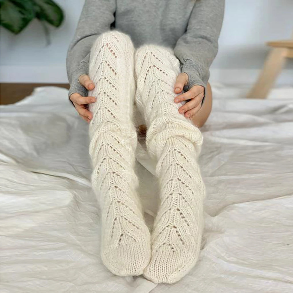 Knitted Leg Warmers Solid Color Hollow Mesh Long Over The Knee Stacked Socks Women Wool Winter Warm Socks Home Long Socks
