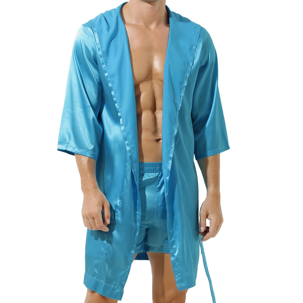 Mens Hooded Bath Robe Short Sleeve House Robe Satin Silk Lounge Bathrobes with Belt Men's Pajamas Homme Kimono Robes Sleepwear