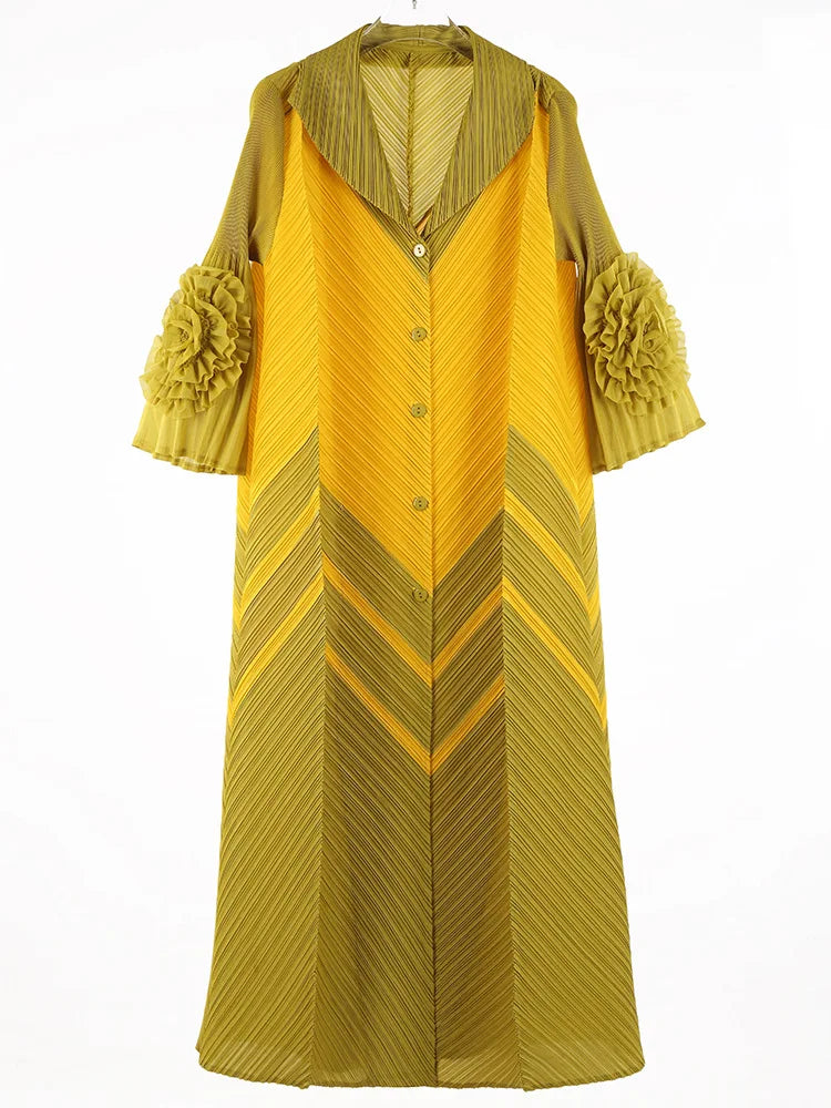 2025 Miyake Pleats Wholesale New Color Matching Splicing Dress Lapel Fashion Loose Women's Cardigan Medium and Long Dresses