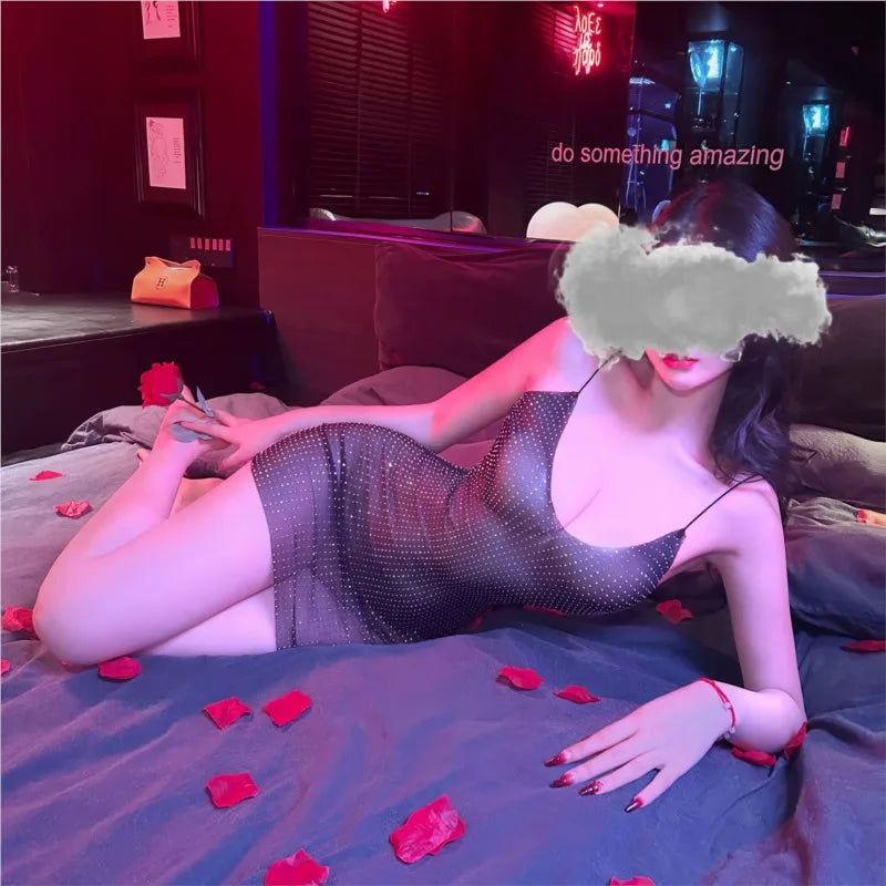 Lingerie dress Strap deep v bright diamond hip hugging short skirt sexy tоy girl sexy clothes erotic clothes woman mesh Sex shop