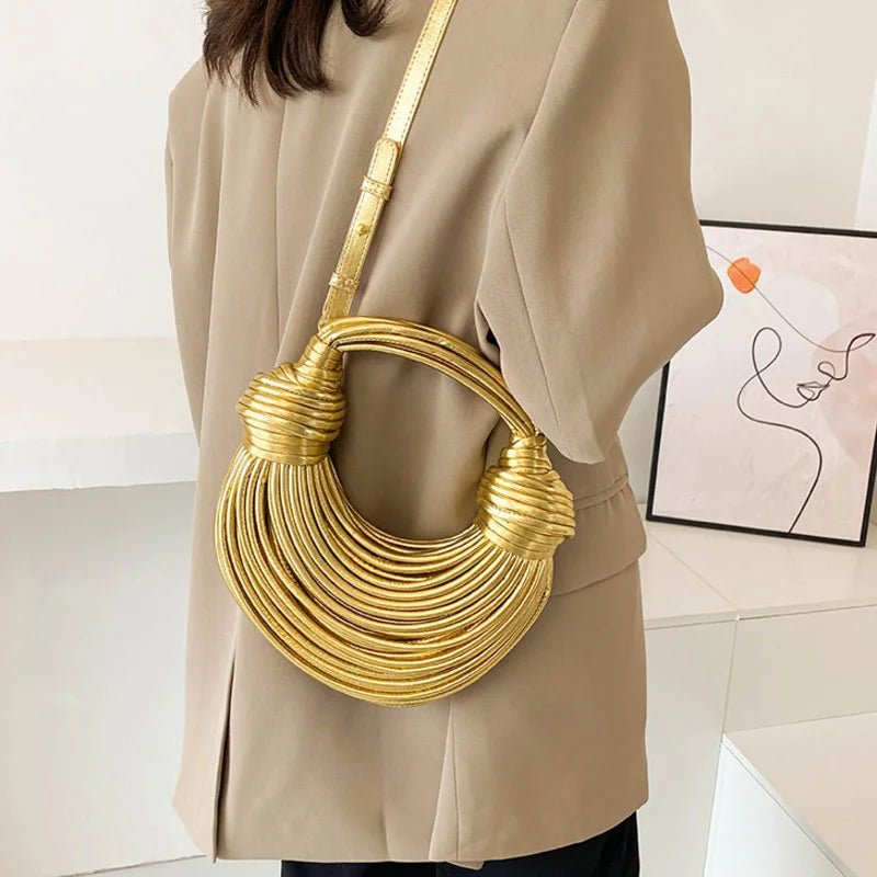 Women 2025 New Gold Luxury Designer Brand Handwoven Noodle Bags Rope Knotted Pulled Hobo Silver Evening Clutch Chic
