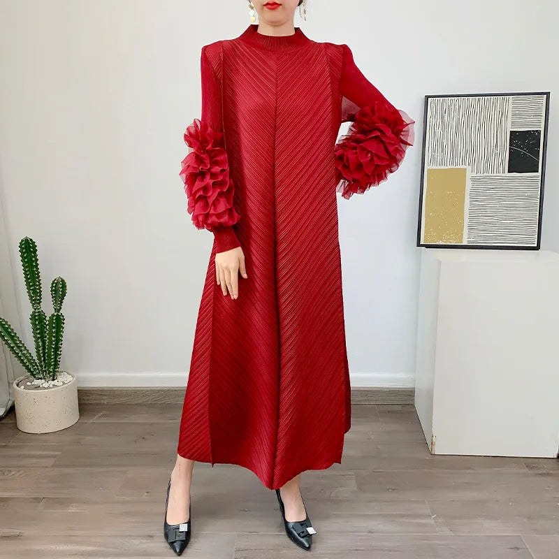 YUDX Hot Sales 2024 Summer New Pleated Formal Dresses for Women Mesh Petal Sleeve Solid Evening Party Long Maxi Dresses