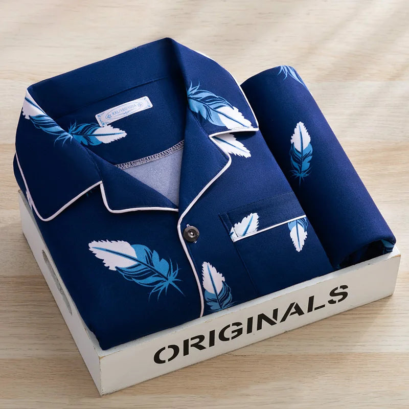 Men's Thin Cotton Pajamas Long Sve Long Pants Two-Piece Set Casual