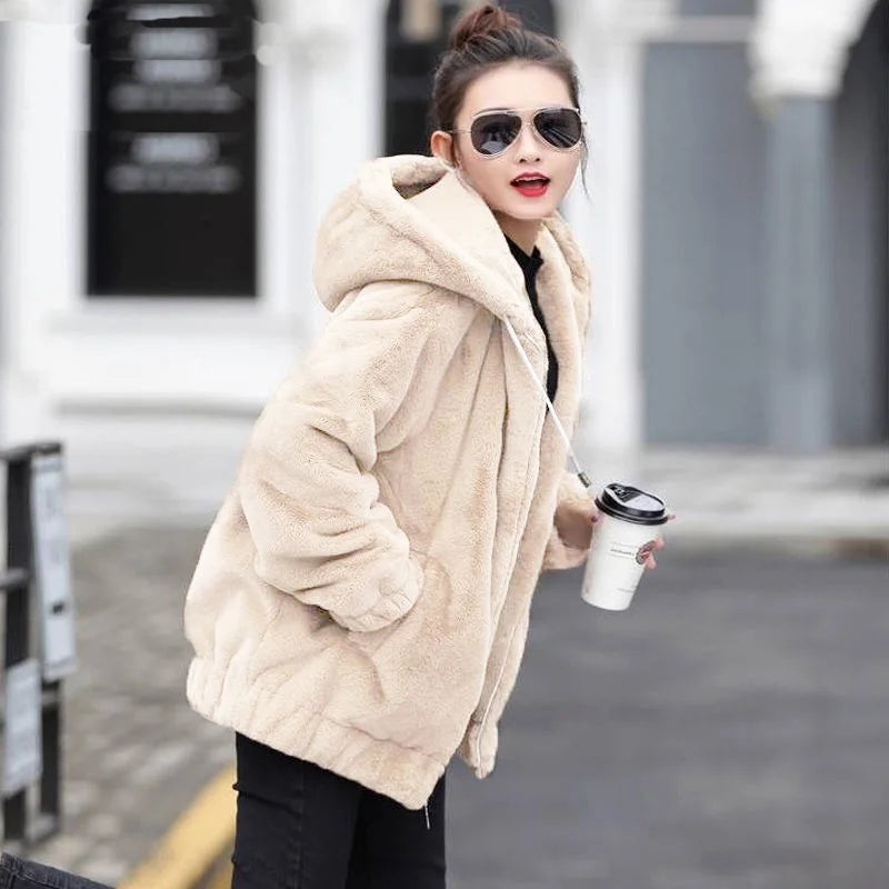 Women's Flannel Hooded Coat - Mid-Length Plush Jacket, Winter Fleece-Lined Warm Outerwear