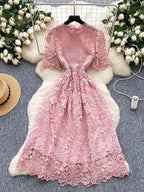 Ele Hollow out Lace ort Sve Dr Women's Summer Slimming A-Line Gown High Waist Korean Sle Commute Suitable