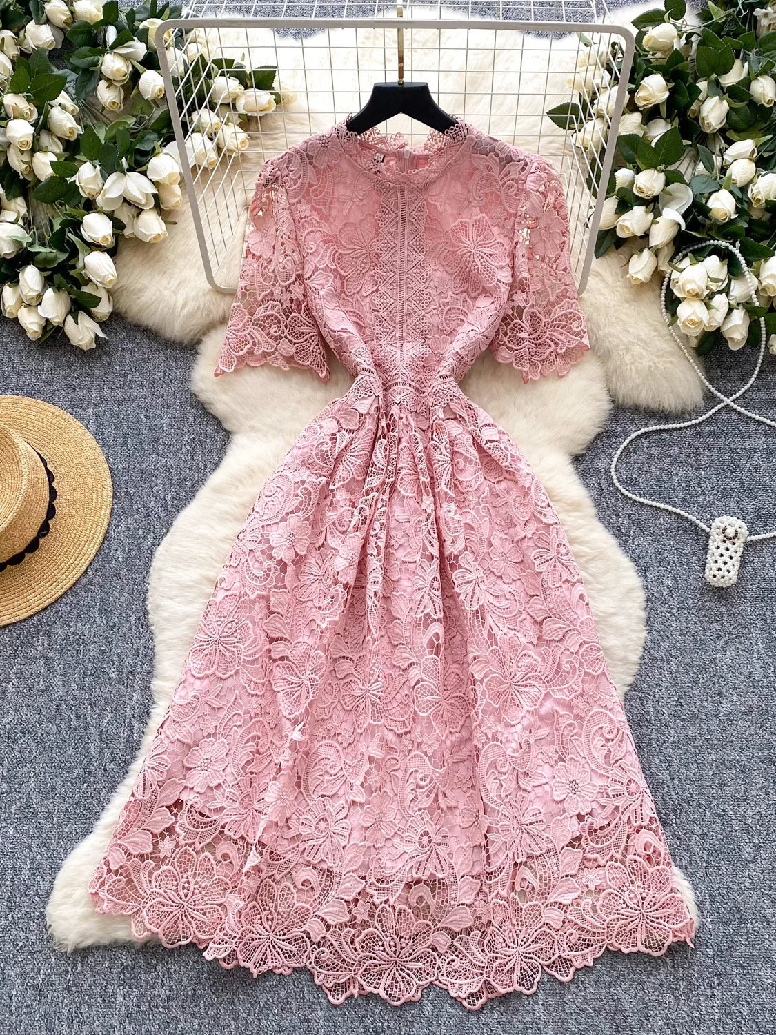 Ele Hollow out Lace ort Sve Dr Women's Summer Slimming A-Line Gown High Waist Korean Sle Commute Suitable