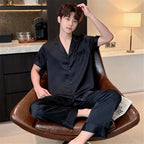 Women Men Pajamas Short Sleeved Shirt Trousers Ice Silk Sleepwear