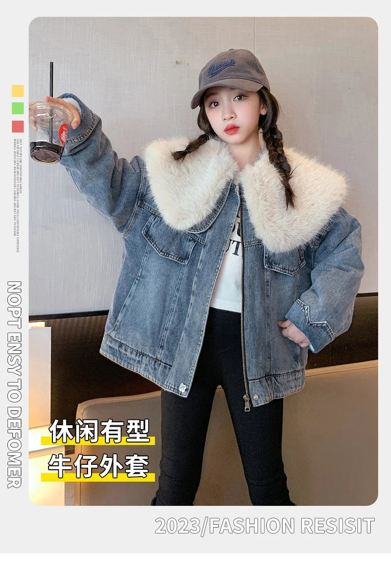junior girl winter jackets vetement enfant fille Thickened inner rabbit fur denim jacket teenr outerwear kids warm coat overwear