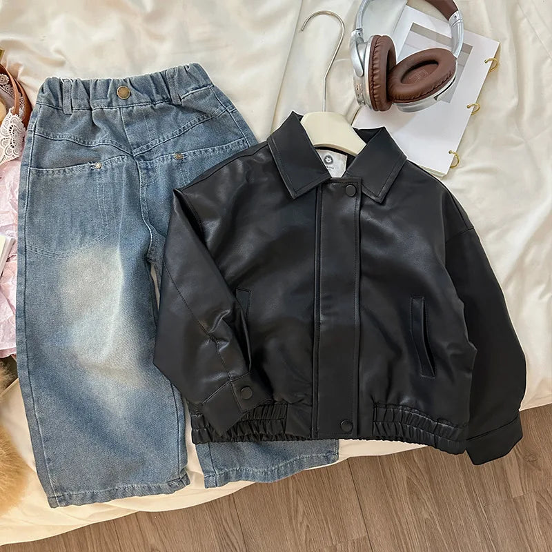 Jackets Girl Loose Autumn New Children PU Locomotive Leather Clothing Loose Coat Boy Handsome Leather Clothing 2024