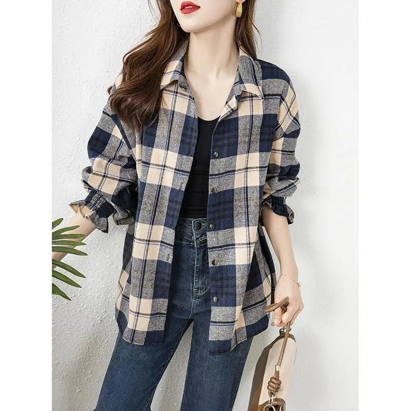 Women's Shirt Long Sleeve Buttons Plaid Casual Korean Fashion Loose Office Lady Simplicity Elegant Intellectual Generous Sven