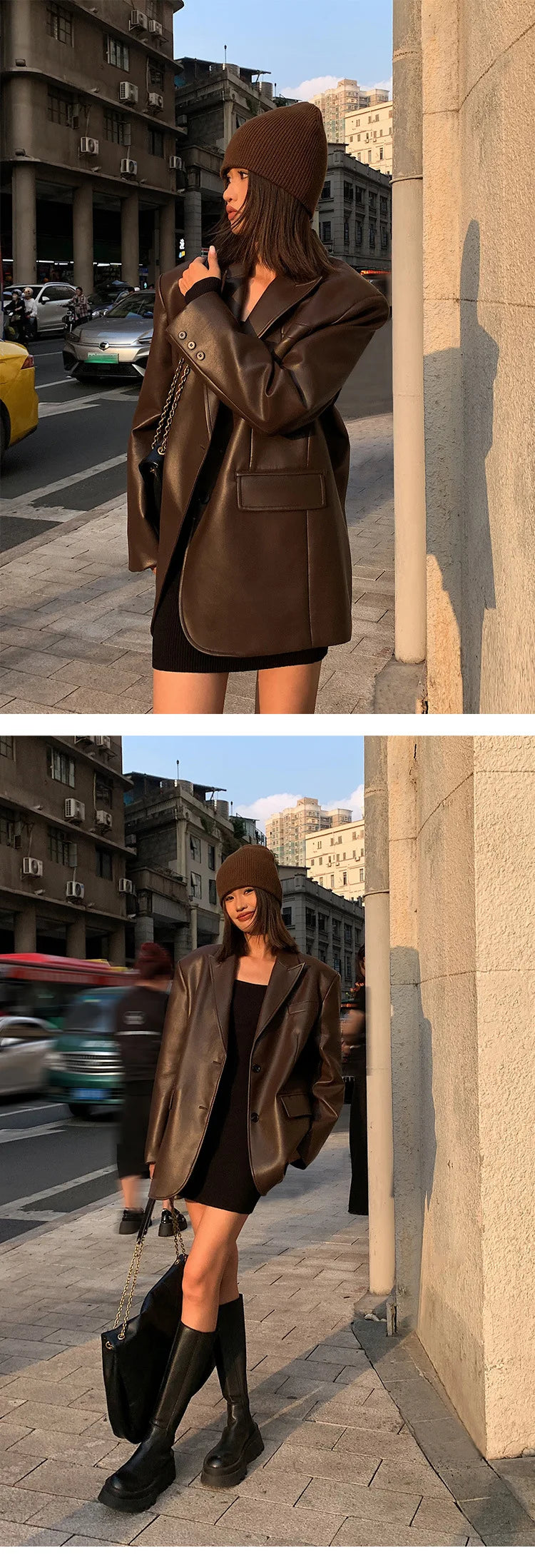 Women Black Brown Soft PU Leather Blazer Shoulder Pads Long Sleeve Single Breasted Loose Casual Jacket Tops Korean Fashion Coat