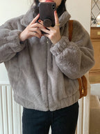 Women Autumn Winter Thicken Warm Coat Stand-Collar Loose Fur Plush Zipper Jacket Soft Comfortable Casual Simple Solid Outerwear