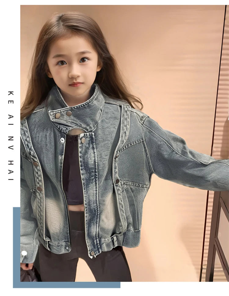 Cowgirl Streetwear Blue Denim Jacket Girl Harajuku Washed Distressed Jacket For Kids Child Gothic Punk Ripped Jeans Coat 5-14 T