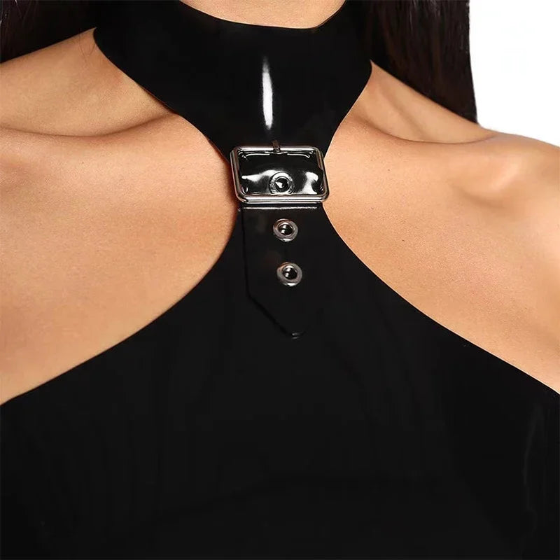 Women Sexy Halter Neck Dress Wet Look Patent Leather Long Dress Party Sleeveless Stretchy Maxi Dress Custom Strapless Costume