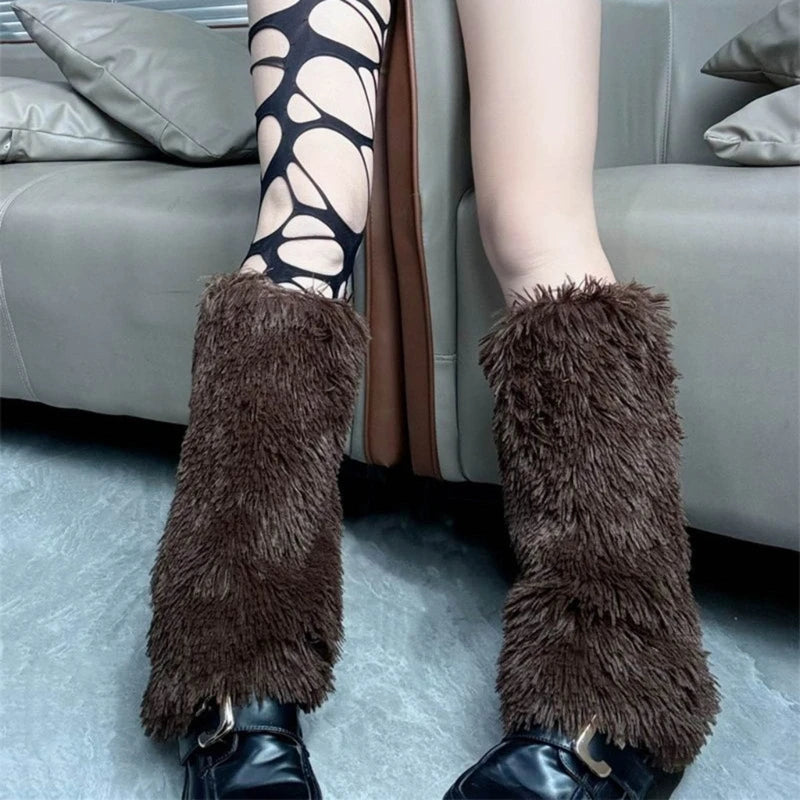 Colorful Furry Plush Leg Warmers Women Girl Winter Soft Thick Fuzzy Boot Cuffs Leg Sleeves Covers Footless Calf Socks Streetwear