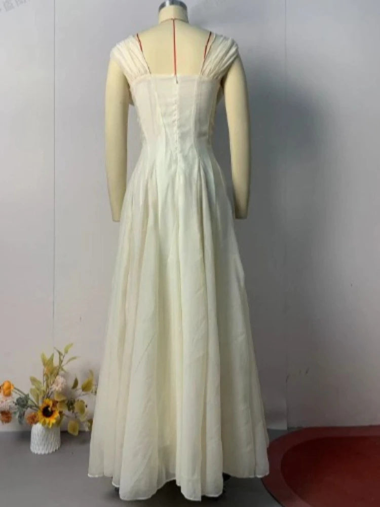 Elegant French Ruched High Waist Sleeveless Long Formal Evening Dress