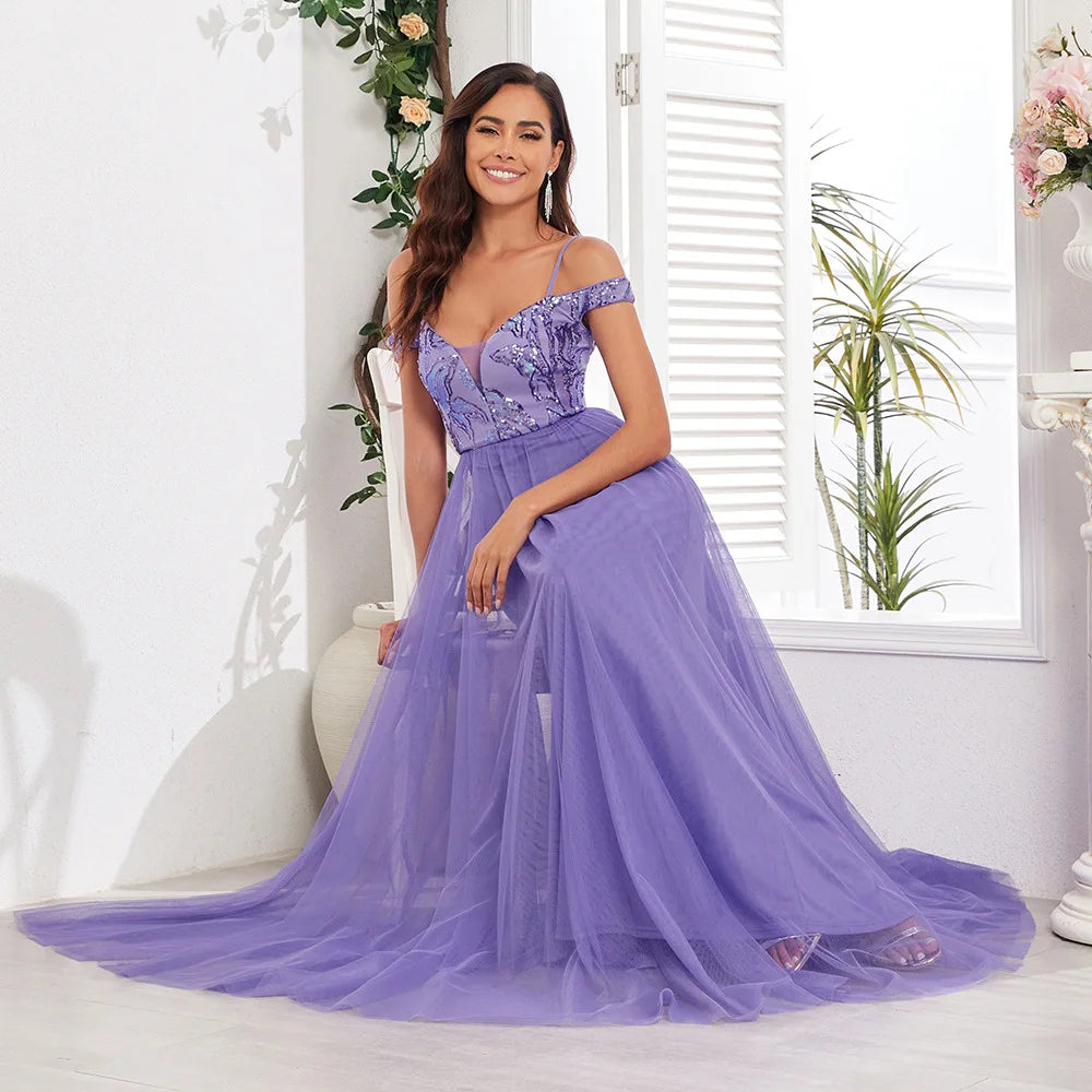 Purple Color Embroidery Sequin Dress Women Long Evening Party Gown Bridesmaid Dress For Summer Autumn Wedding Party