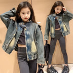 Cowgirl Streetwear Blue Denim Jacket Girl Harajuku Washed Distressed Jacket For Kids Child Gothic Punk Ripped Jeans Coat 5-14 T