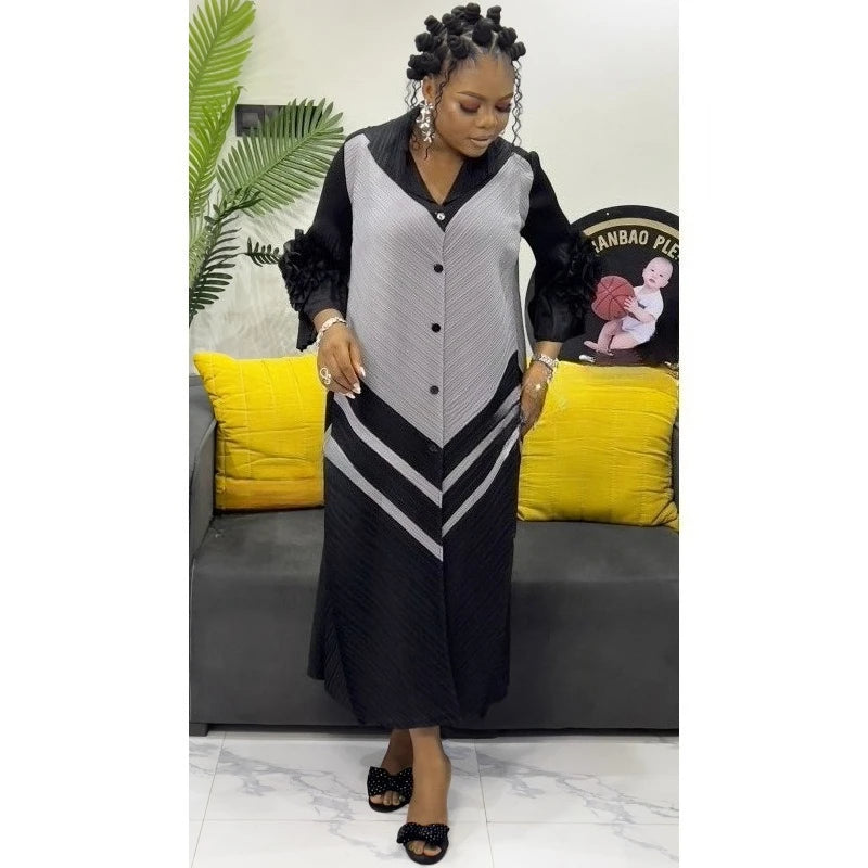 2025 Miyake Pleats Wholesale New Color Matching Splicing Dress Lapel Fashion Loose Women's Cardigan Medium and Long Dresses