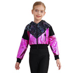 Girls Fashion Print Short Jacket Casual Coat Hooded Tops Long Sleeve Zipper Jacket Outerwear Jazz Dance Performance Costume