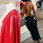 Sexy V Neck Latex Leather Dress Women Sleeveless Halter Hobble Dress Ladies Spaghetti Straps Backless Evening Party Dress Custom