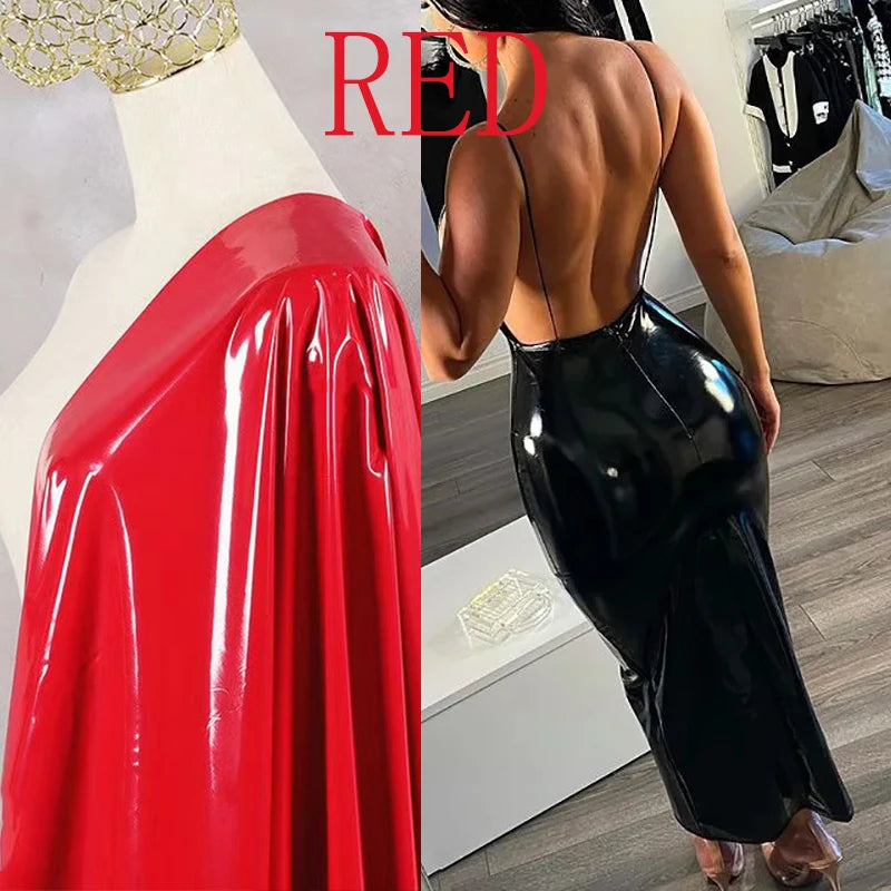 Sexy V Neck Latex Leather Dress Women Sleeveless Halter Hobble Dress Ladies Spaghetti Straps Backless Evening Party Dress Custom