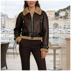 Womens Short Jacket With Leather And Plush Patchwork Belted Waist Zipper Pockets Retro Cool Commuter Jacket Woman Clothes Tops