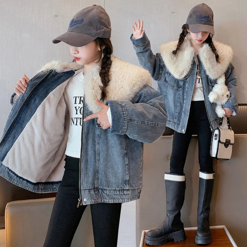 junior girl winter jackets vetement enfant fille Thickened inner rabbit fur denim jacket teenr outerwear kids warm coat overwear