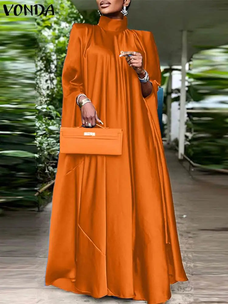 Elegant Evening Dress VONDA Women Pleated Stand Collar Long Sleeve Satin Party Sundress Autumn Casual Solid Loose Robe Vestidos