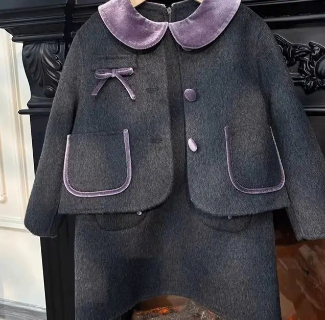 Children Elegance Top Clothing Autumn Winter Girls Clothes Set Fashion Retro Woolen Coat Jacket+Short Skirt 2Pcs Suits Kids suit